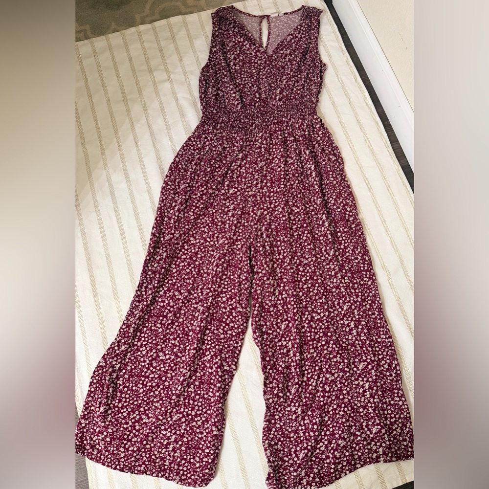 GAP Burgundy Floral Wide Leg Jumpsuit XL | Boho Rayon V-Neck Smocked Waist - Picture 2 of 9